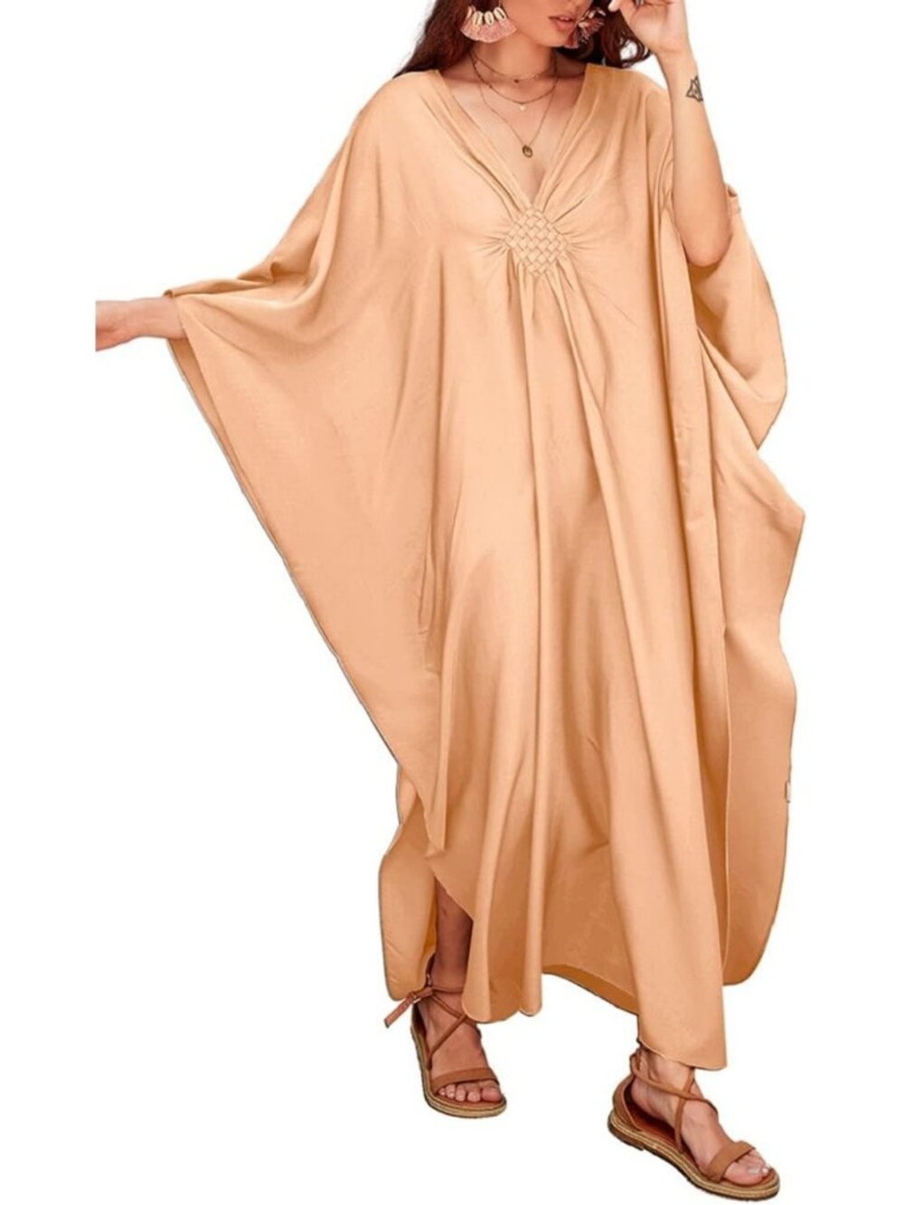 Women's Plus Size Apricot Kaftan Maxi Dress V Neck Batwing Swimsuit Cover Up